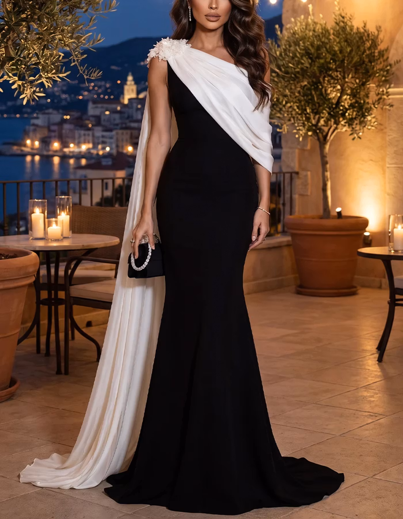 Black White One Shoulder Cape 3D Floral Maxi Dress