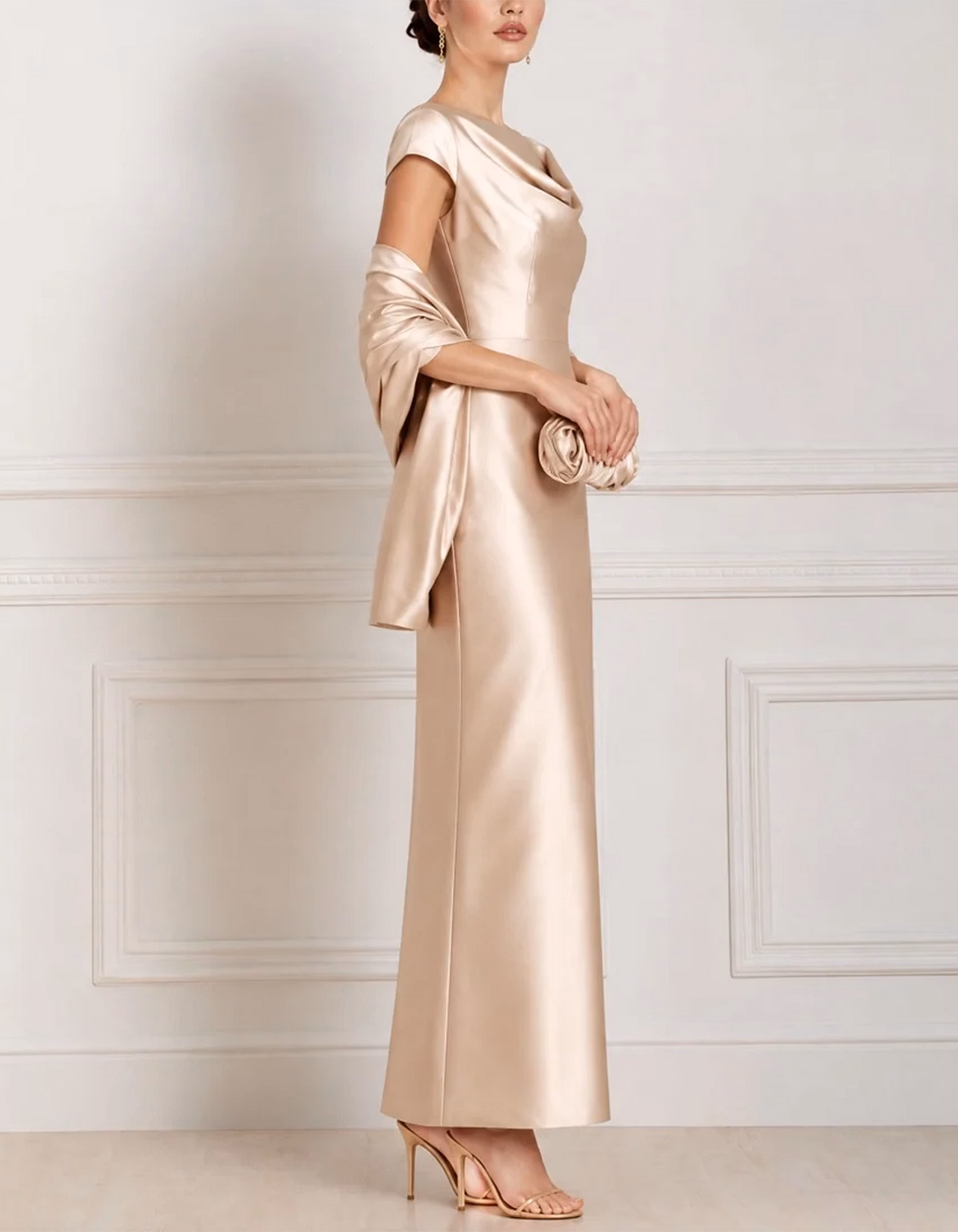 Champagne Cowl Draped Cap Sleeve Satin Maxi Dress