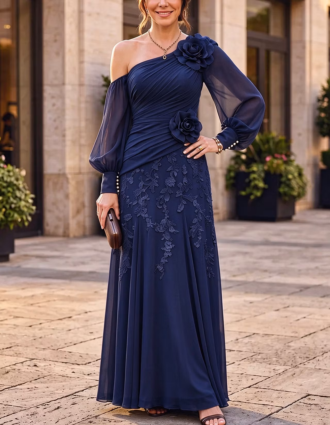 Chiffon One Shoulder Asymmetrical Puff Long Sleeve 3D Floral Maxi Dress