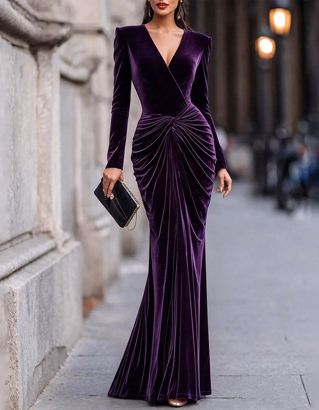 Burgundy Deep V Long Sleeve Velvet Mermaid Maxi Dress