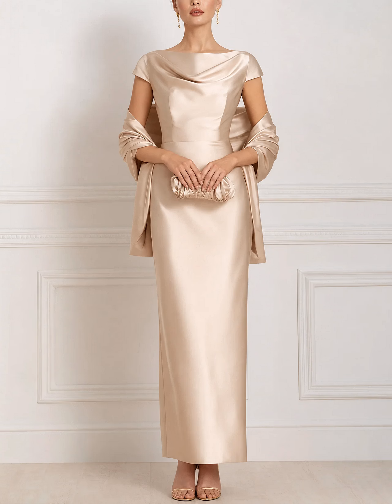 Champagne Cowl Draped Cap Sleeve Satin Maxi Dress