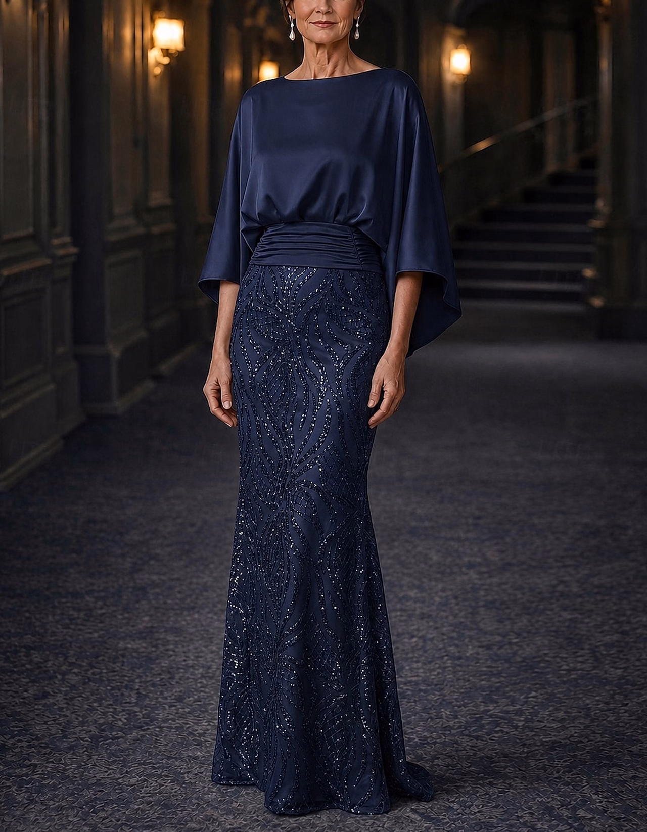 Solid Color Colored Round Neck Sequined Piece Maxi Dress
