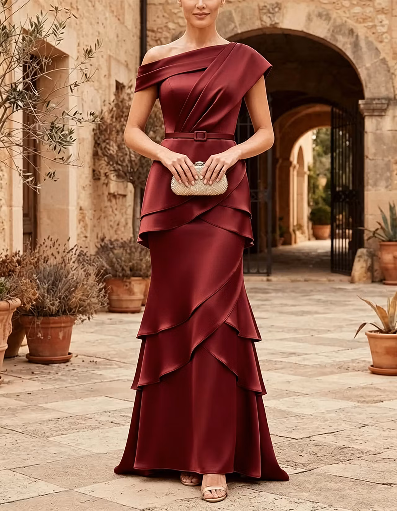 Champagne Asymmetric Off-the-Shoulder Satin Mermaid Maxi Dress