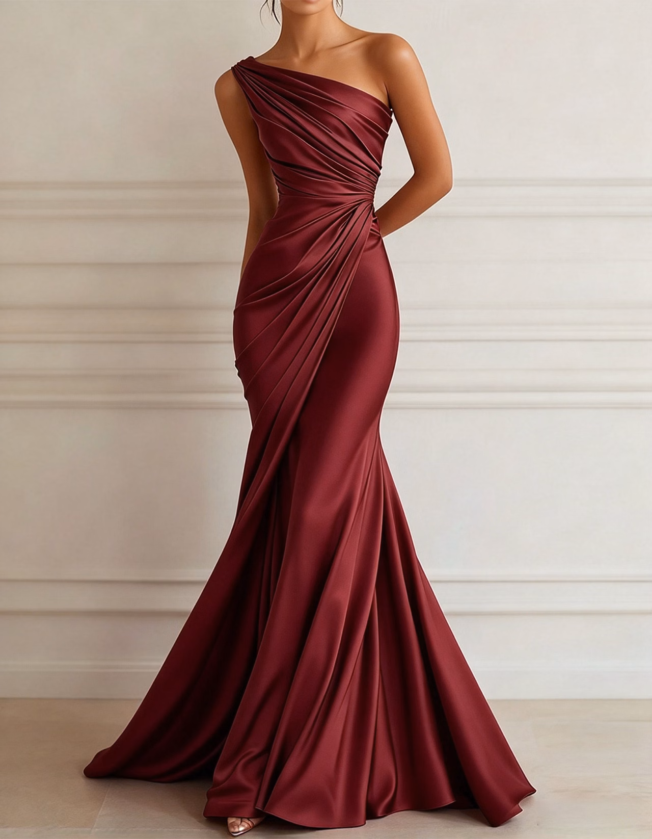 One-shoulder Stretch Satin Pleats Maxi Dress