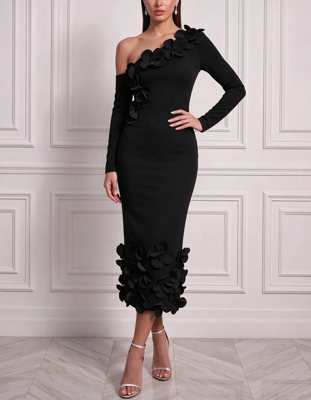 One Shoulder Cold Shoulder Long Sleeve 3D Floral Midi Dress