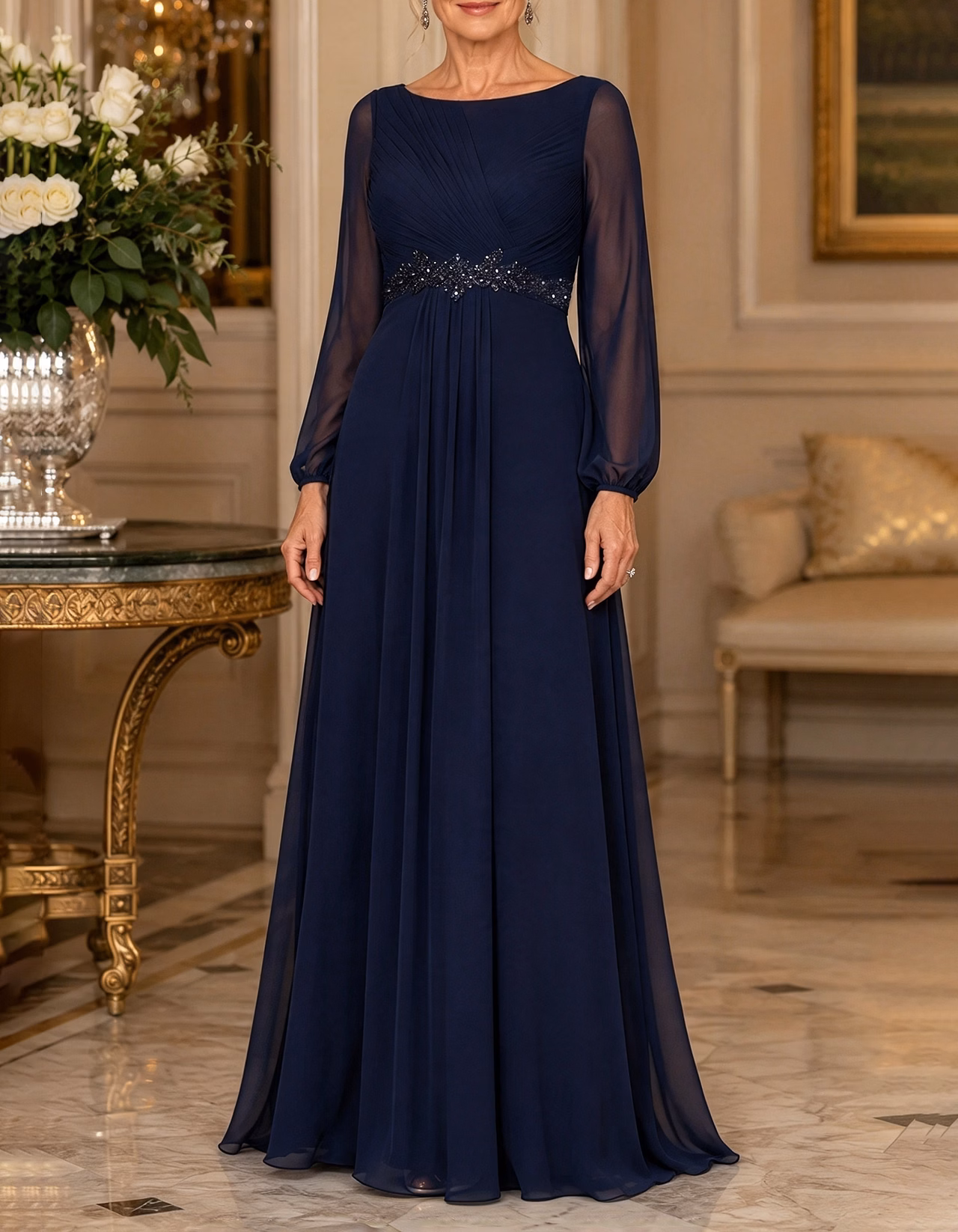 Round Neck Long Sleeve Lace Waist Chiffon A-Line Maxi Dress