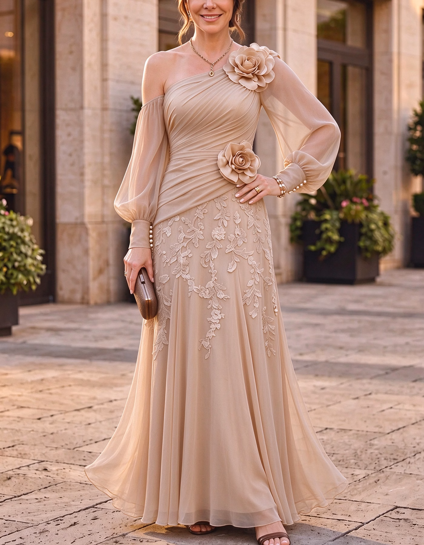 Chiffon One Shoulder Asymmetrical Puff Long Sleeve 3D Floral Maxi Dress
