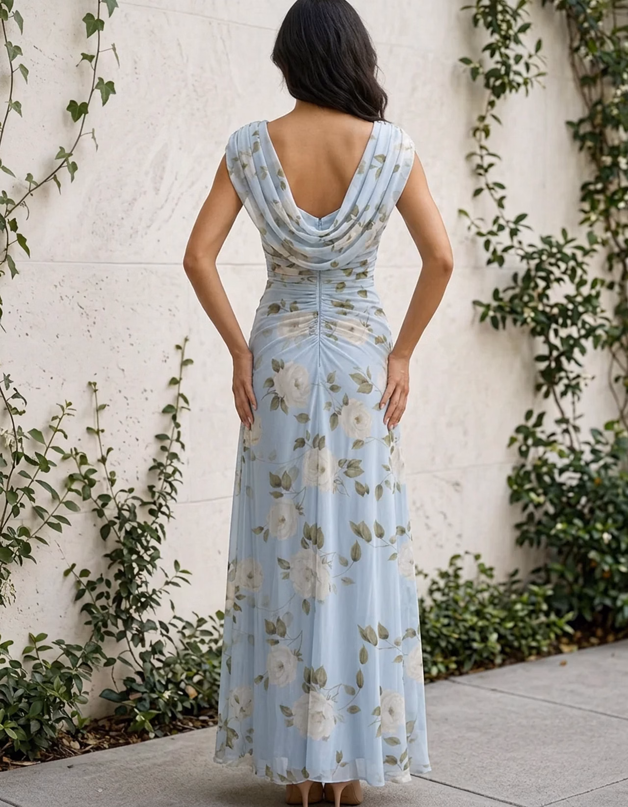 Light Blue Floral Chiffon Cowl Neck Cap Sleeve Maxi Dress