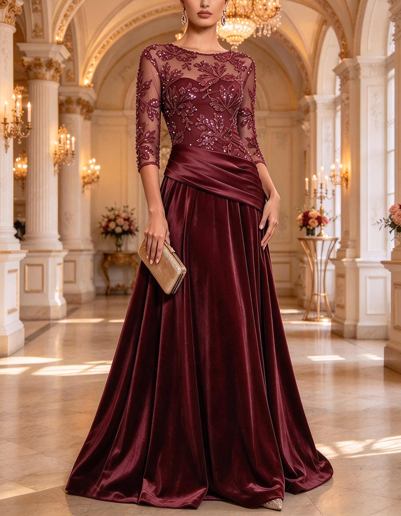 Burgundy Illusion Sequin Lace & Velvet Maxi Dress