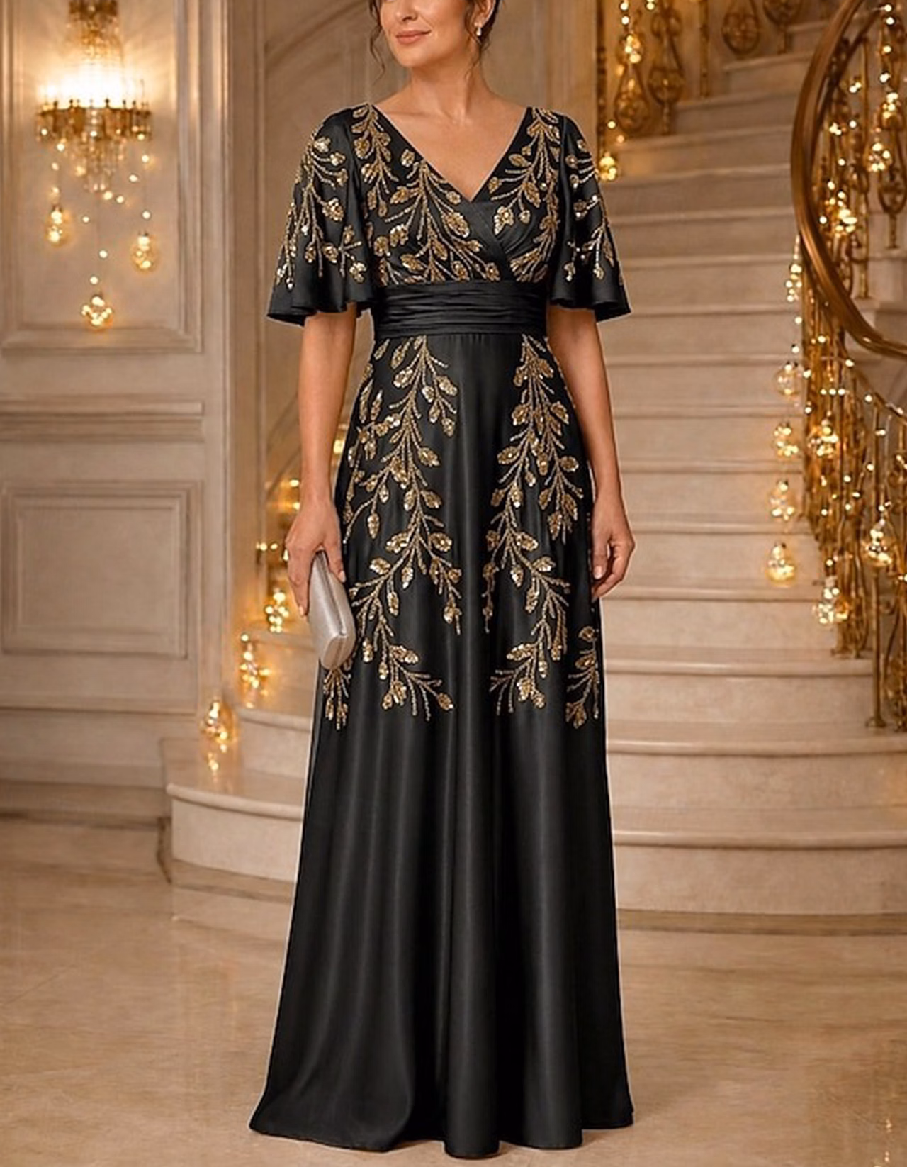 Satin V-Neck Flutter Short Sleeve Leaf Sequin Embroidery Maxi Dress
