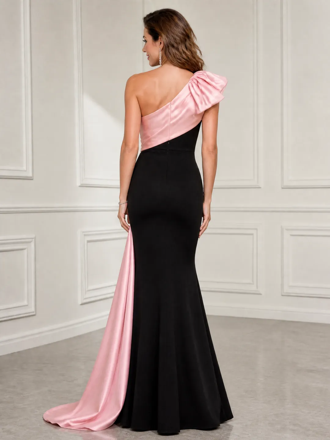 Pink Black One Shoulder Satin Bow Mermaid Maxi Dress