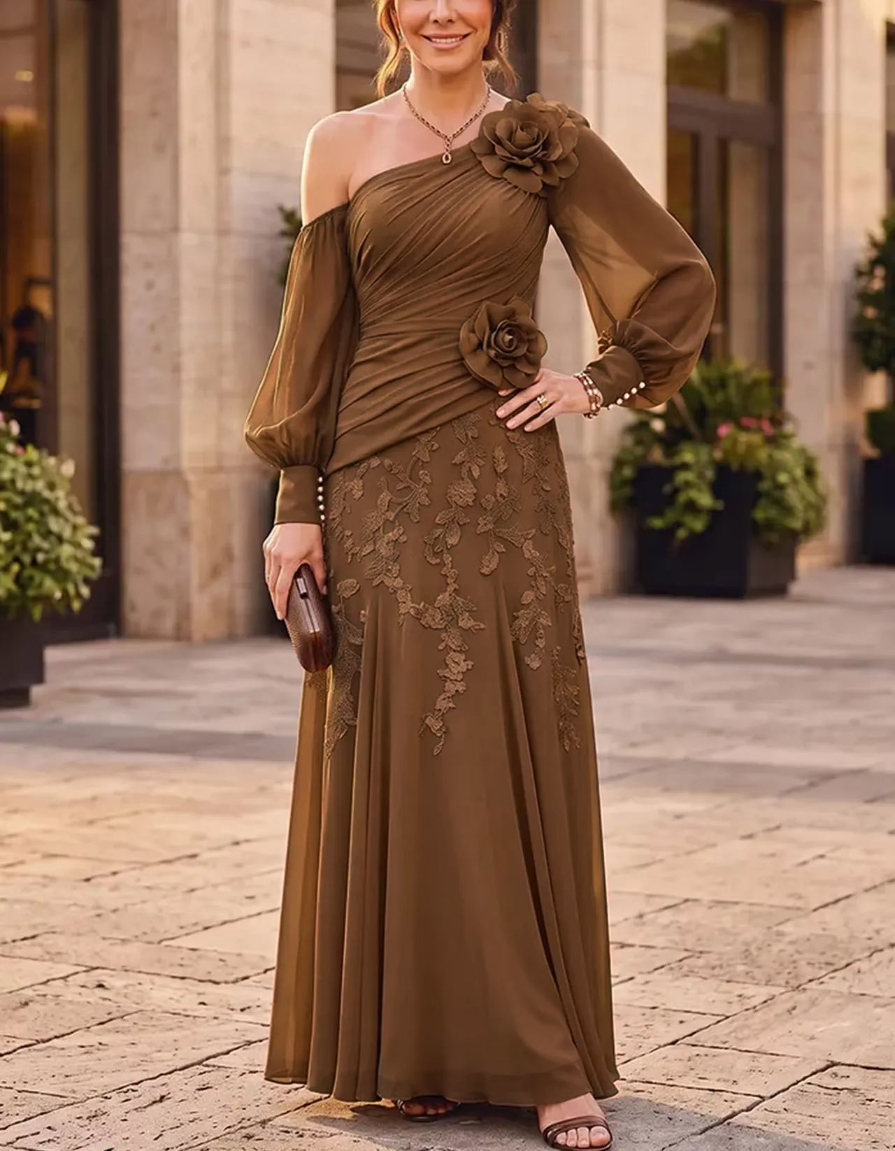 Chiffon One Shoulder Asymmetrical Puff Long Sleeve 3D Floral Maxi Dress