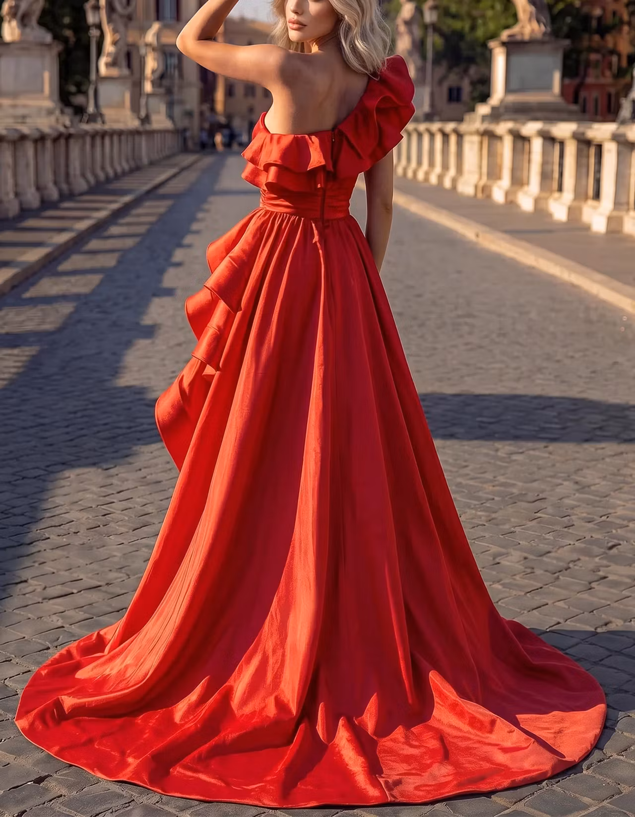 Satin One Shoulder Ruffle High Low Asymmetric Hem Maxi Dress
