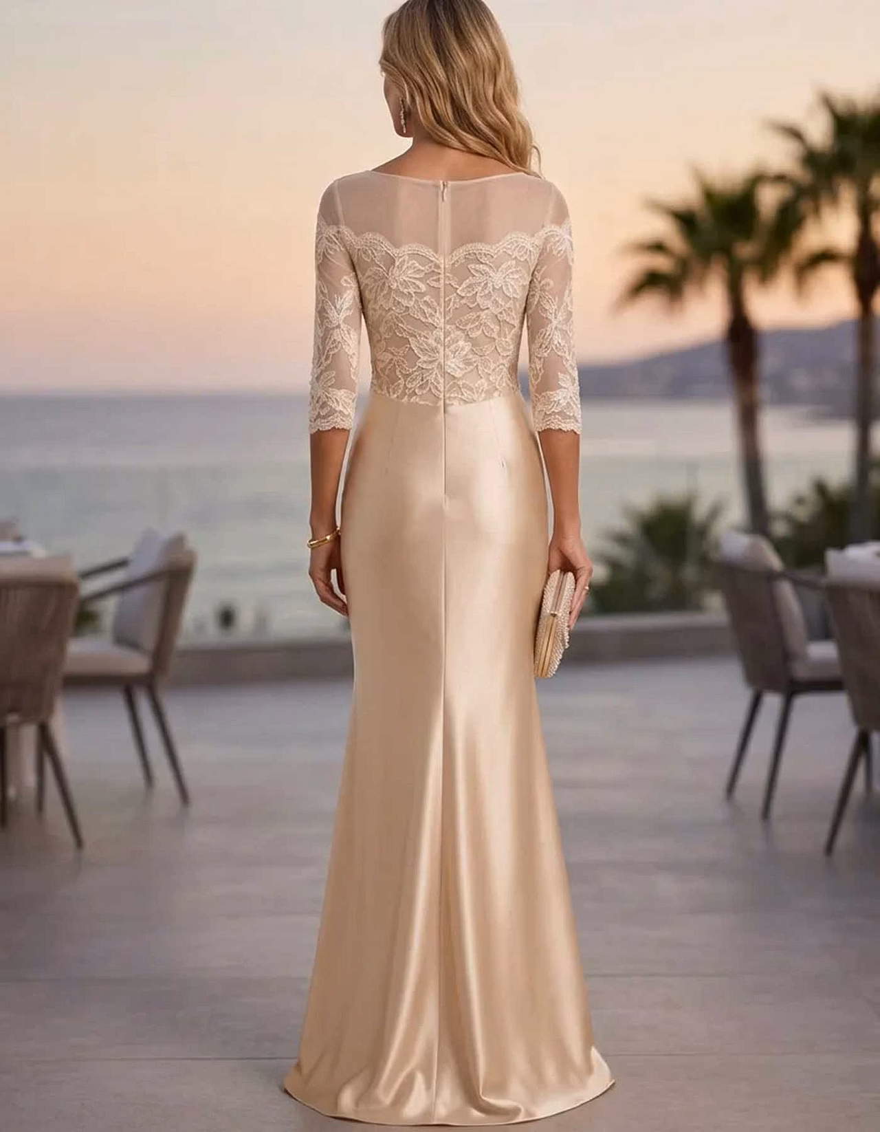 Champagne Illusion Floral Lace 3/4 Sleeve Satin Maxi Dress