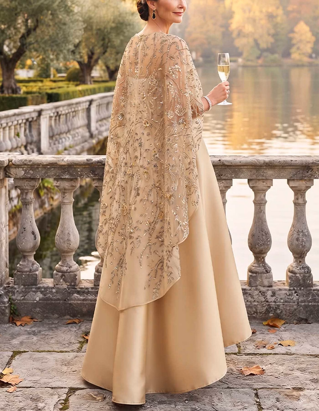 Champagne Satin Sequin Capelet Maxi Dress