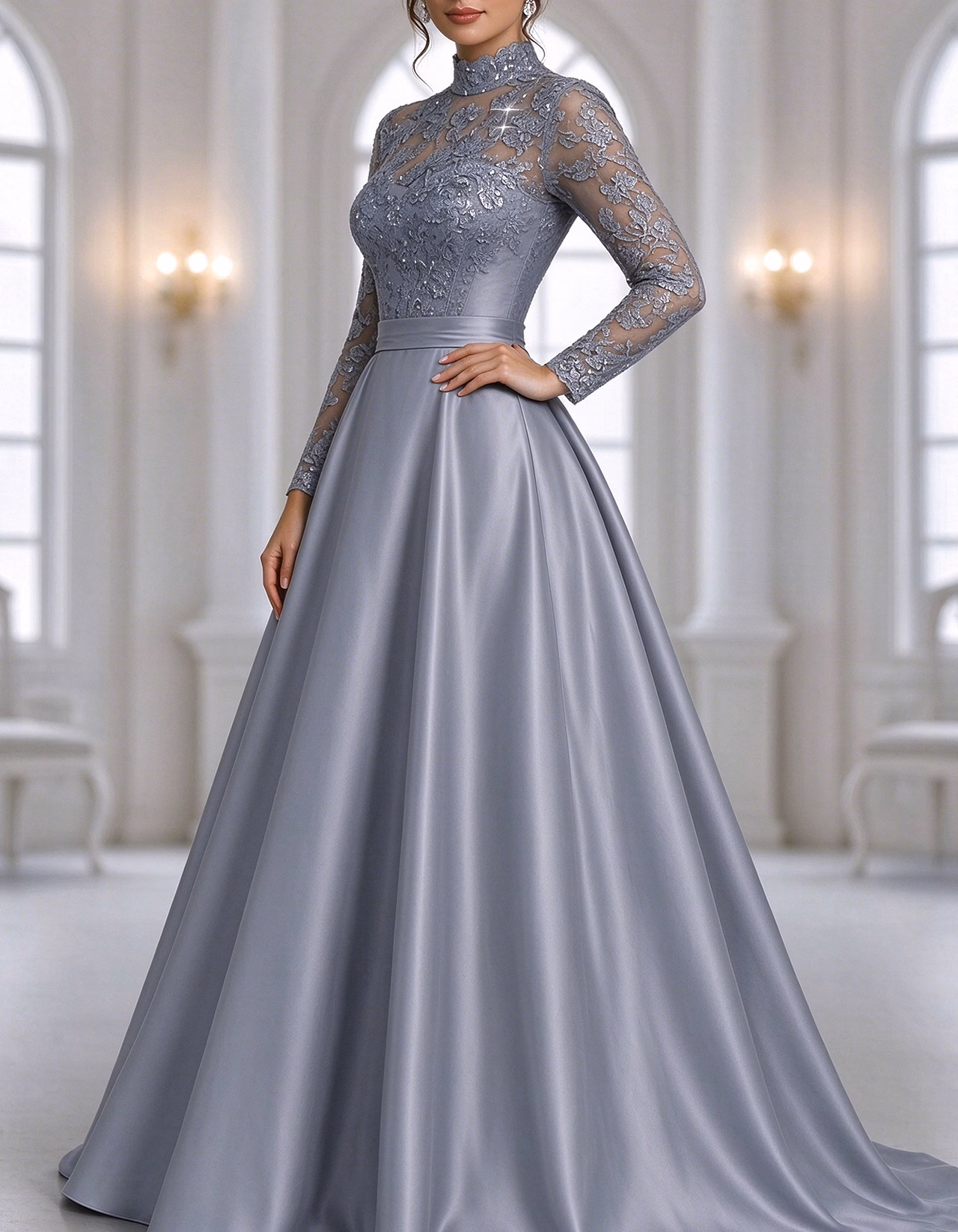 Silver Grey Illusion High Neck Long Lace Sleeve Maxi Dress