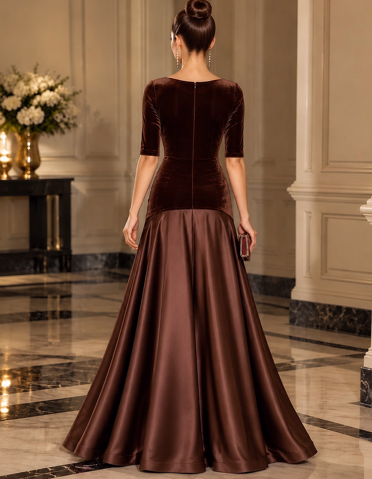 Velvet Satin Mix V-Neck Maxi Dress