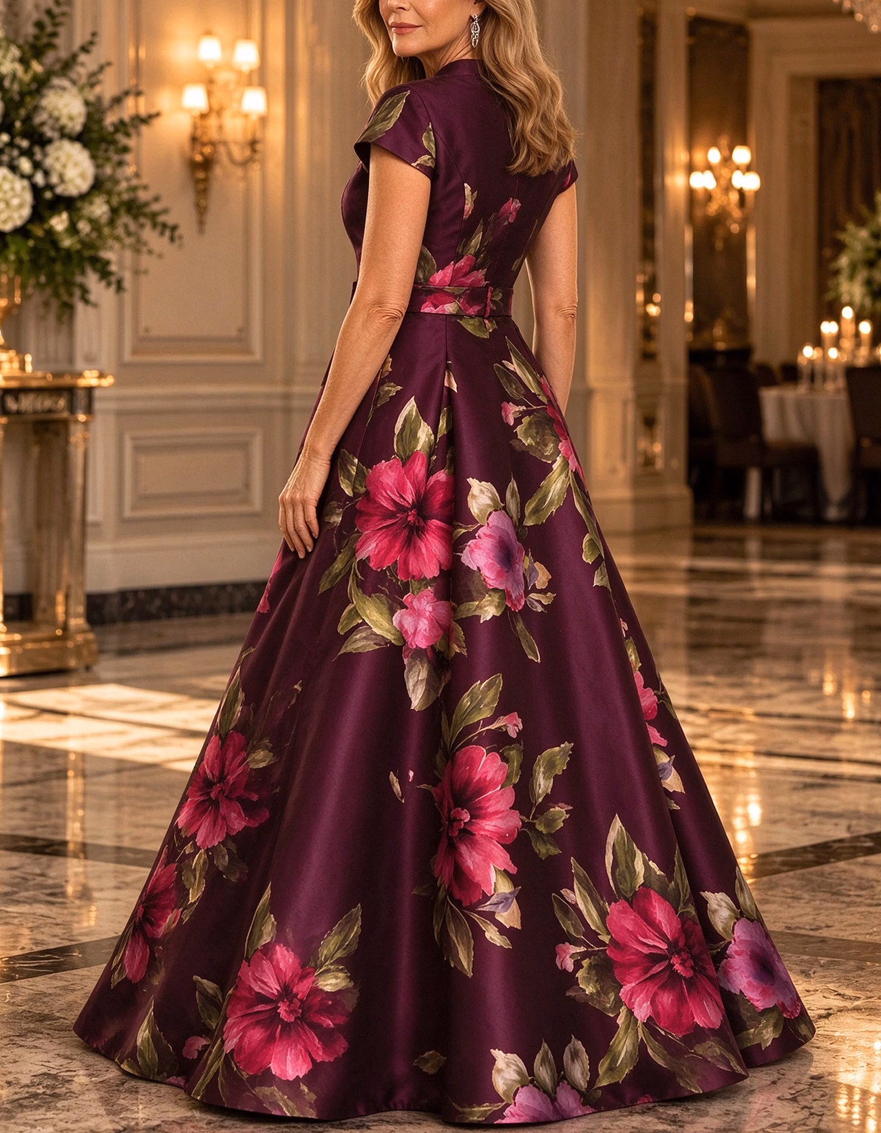 Plum Watercolor Floral Satin Maxi Dress