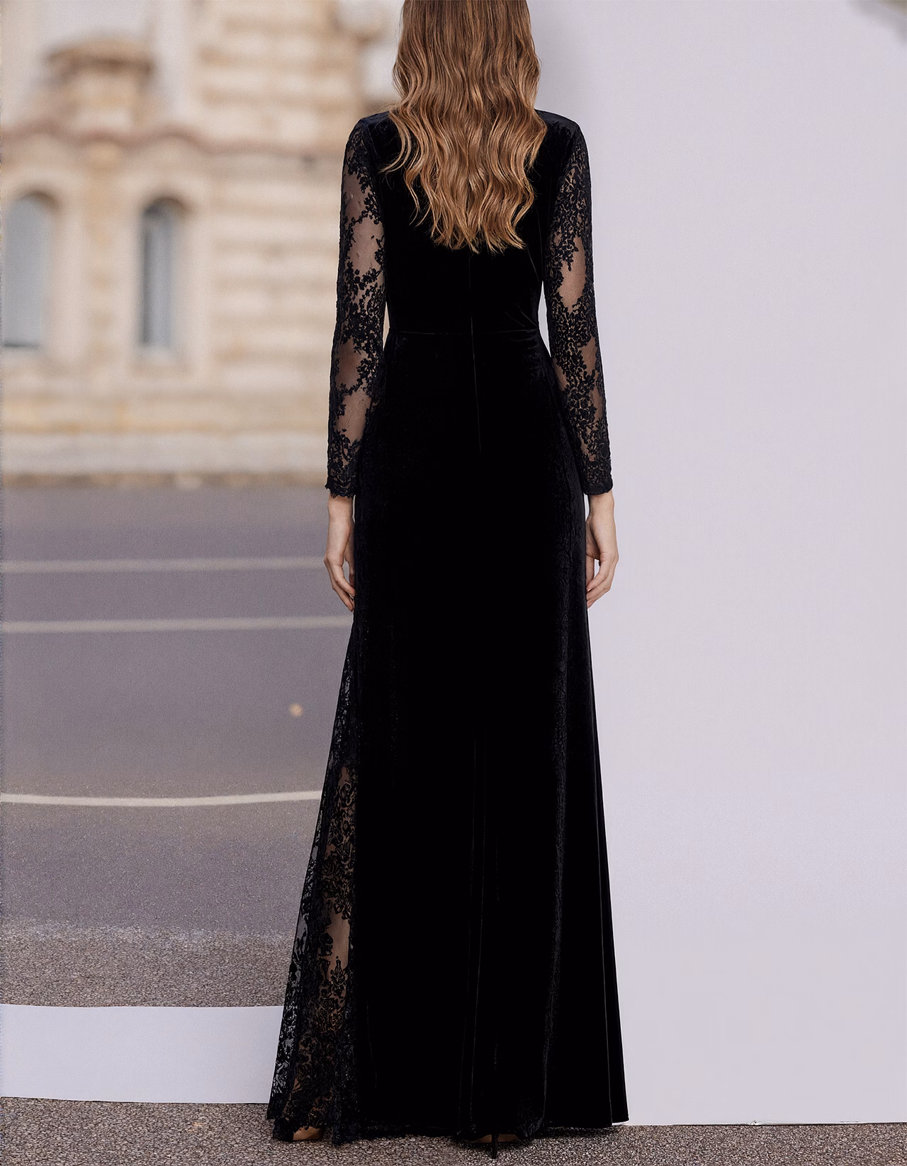 Black Velvet And Lace Long Sleeve Maxi Dress