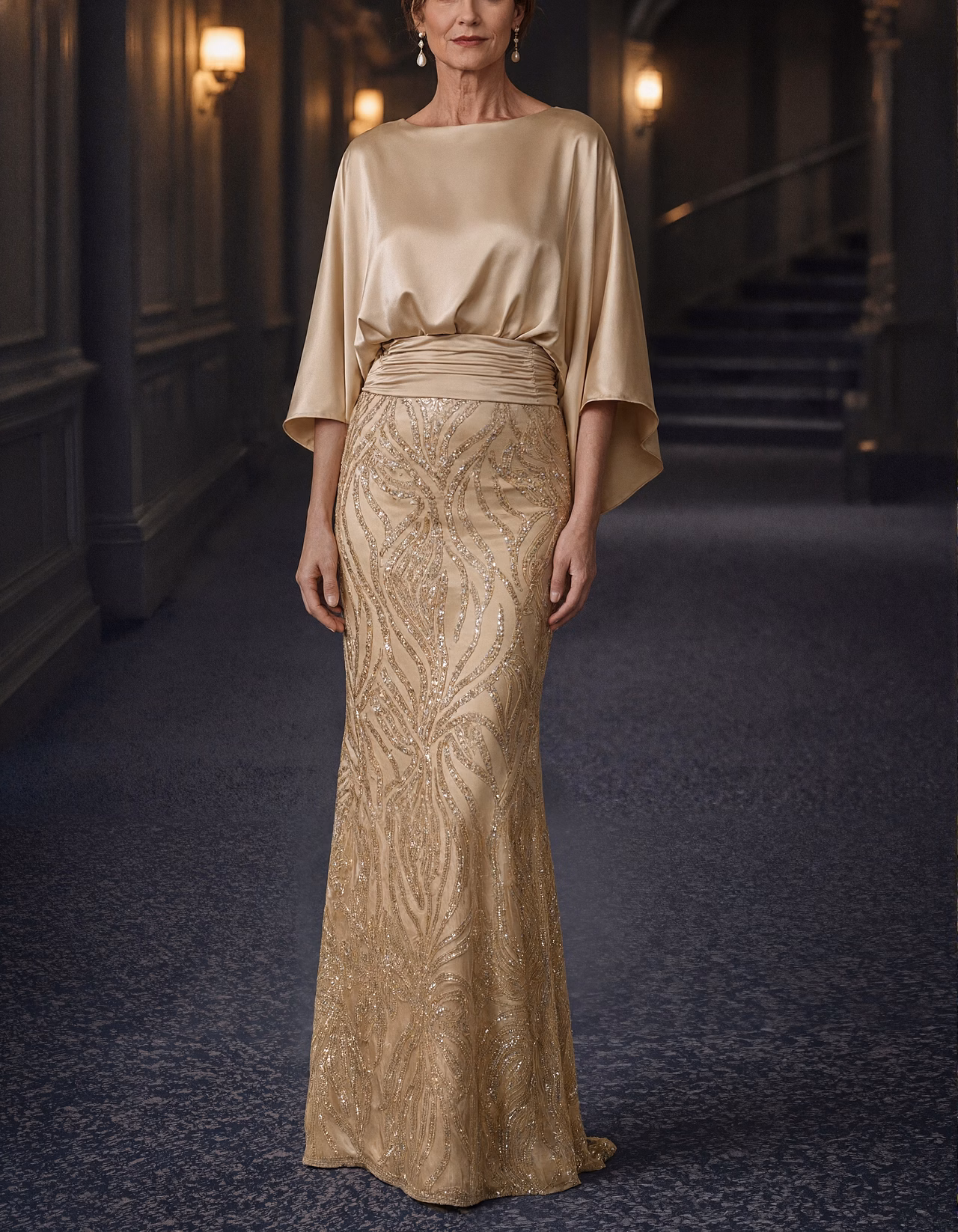 Solid Color Colored Round Neck Sequined Piece Maxi Dress