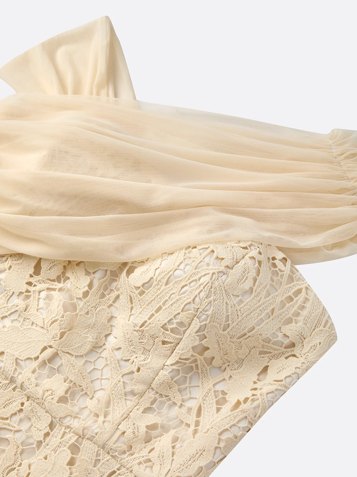 Beige Mesh Lace Asymmetrical Short Sleeve Mermaid Floor Length Dress