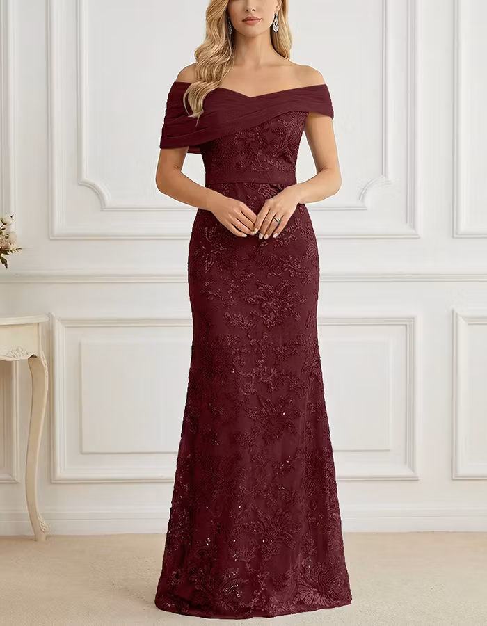 Off-the-Shoulder Chiffon & Sequin Mesh Maxi Dress