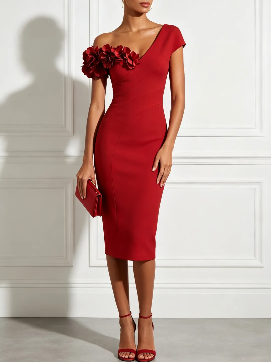 Red 3D Floral Classic Asymmetrical Sleeveless Sheath Midi Dress