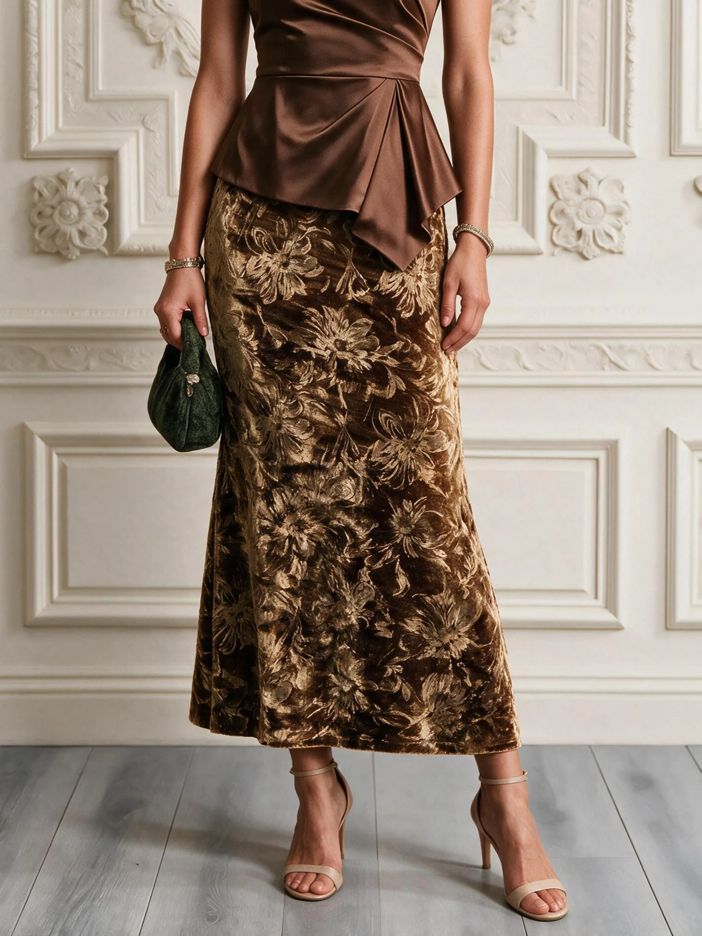 Brown Ruffled Ruched Velvet Asymmetrical Cap Sleeve Mermaid Midi Dress