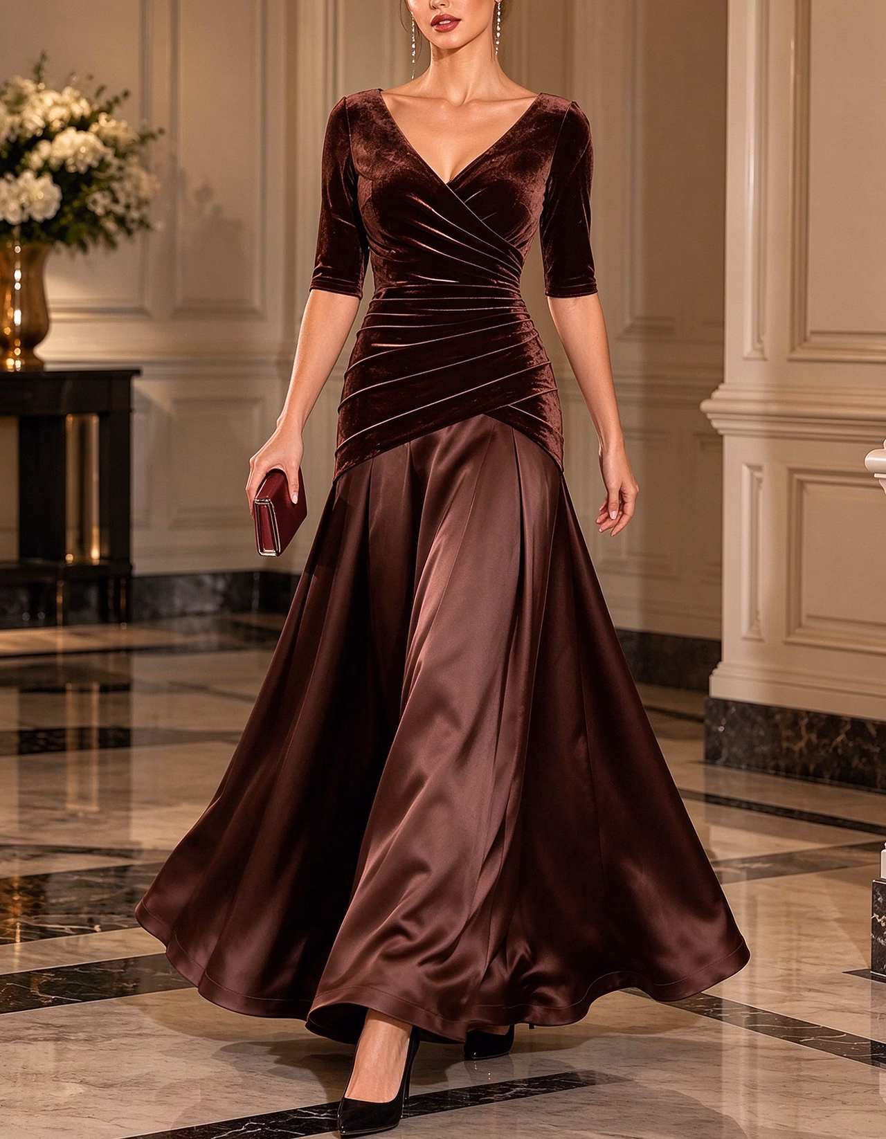 Velvet Satin Mix V-Neck Maxi Dress
