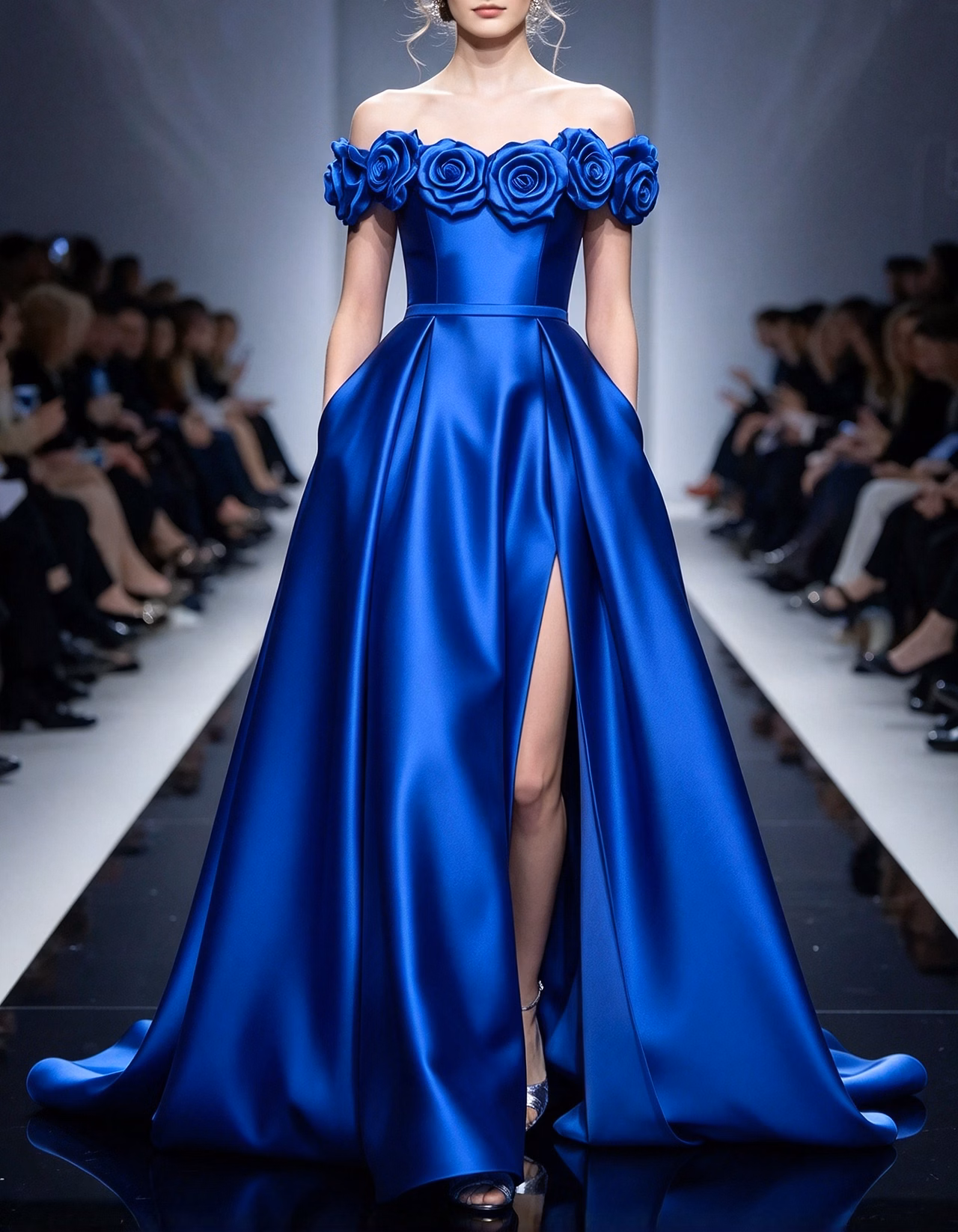 Off Shoulder 3D Floral Satin A-Line Slit Long Evening Maxi Dress