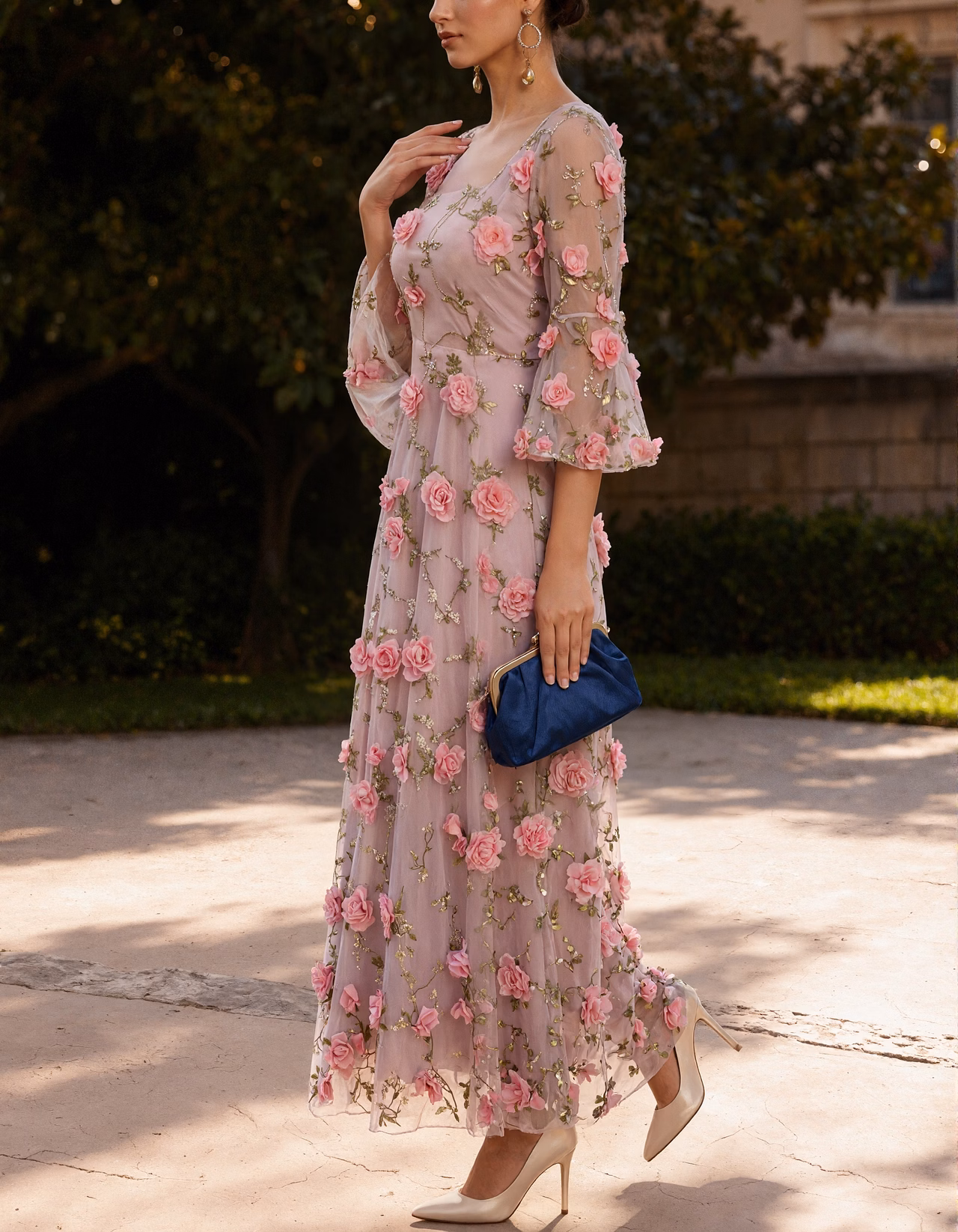 Pink Sheer Fabric With 3d Flowers Midi Dress