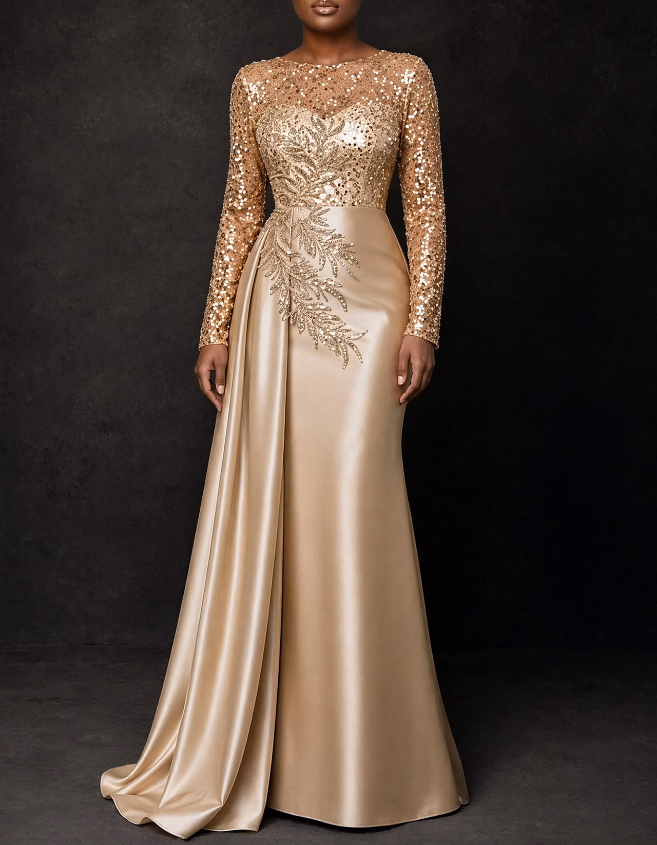 Round Neck Sequin Mesh Long Sleeve Satin Mermaid Evening Maxi Dress