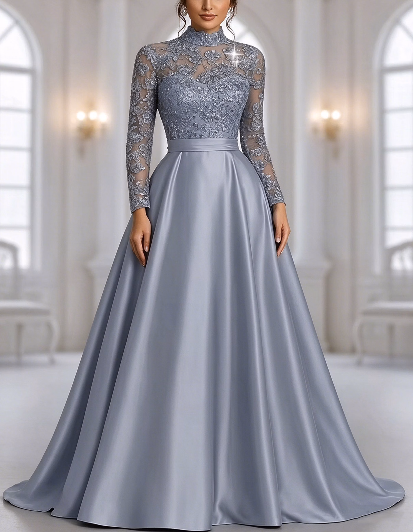 Silver Grey Illusion High Neck Long Lace Sleeve Maxi Dress