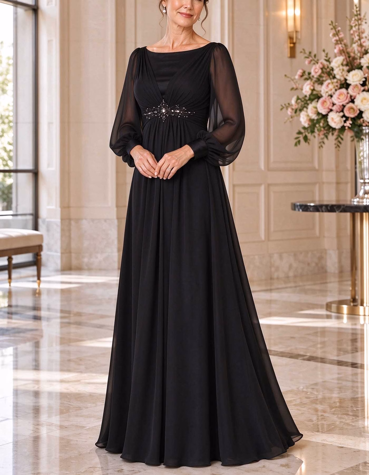 Chiffon Puff Long Sleeve A-Line Maxi Dress
