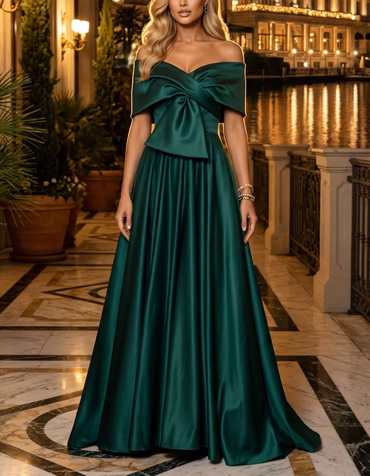 Green Off-the-Shoulder Oversized Bow Satin A-Line Maxi Dress