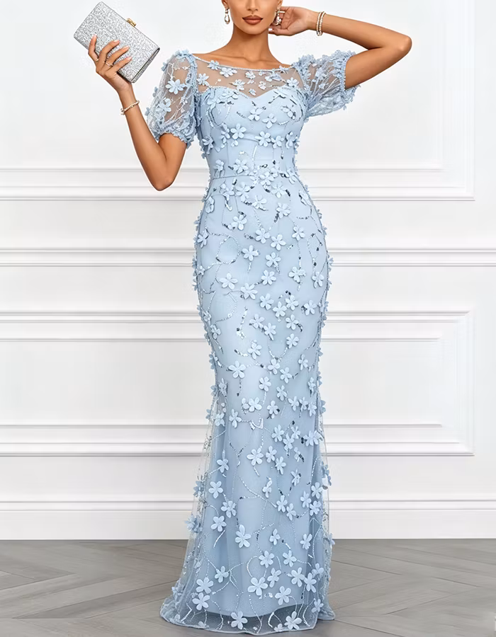 Light Blue 3D Floral Mesh Mermaid Maxi Dress
