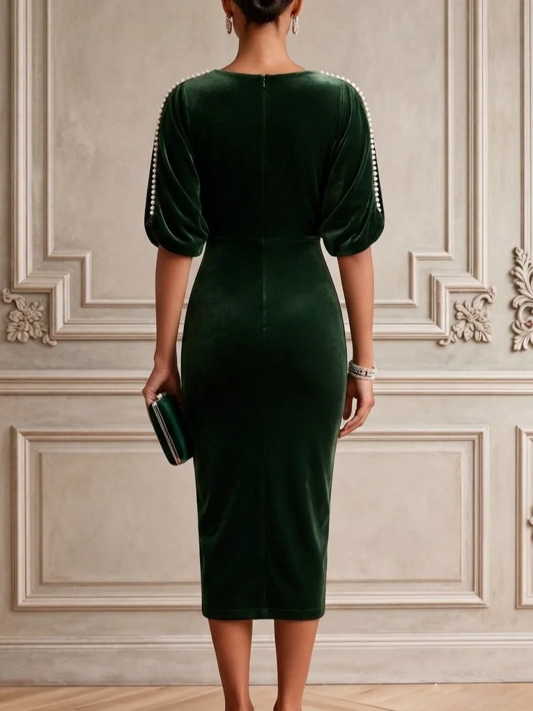 Dark Green Faux Pearl Ruched Velvet V Neck Half Sleeve Dolman Sleeve Sheath Midi Dress