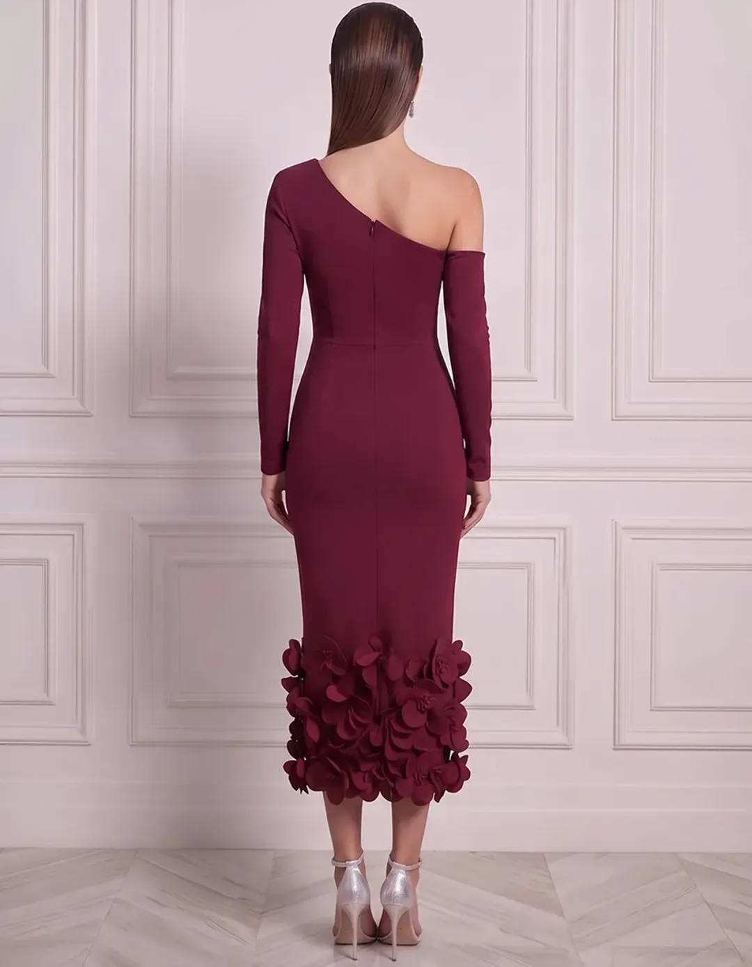 One Shoulder Cold Shoulder Long Sleeve 3D Floral Midi Dress