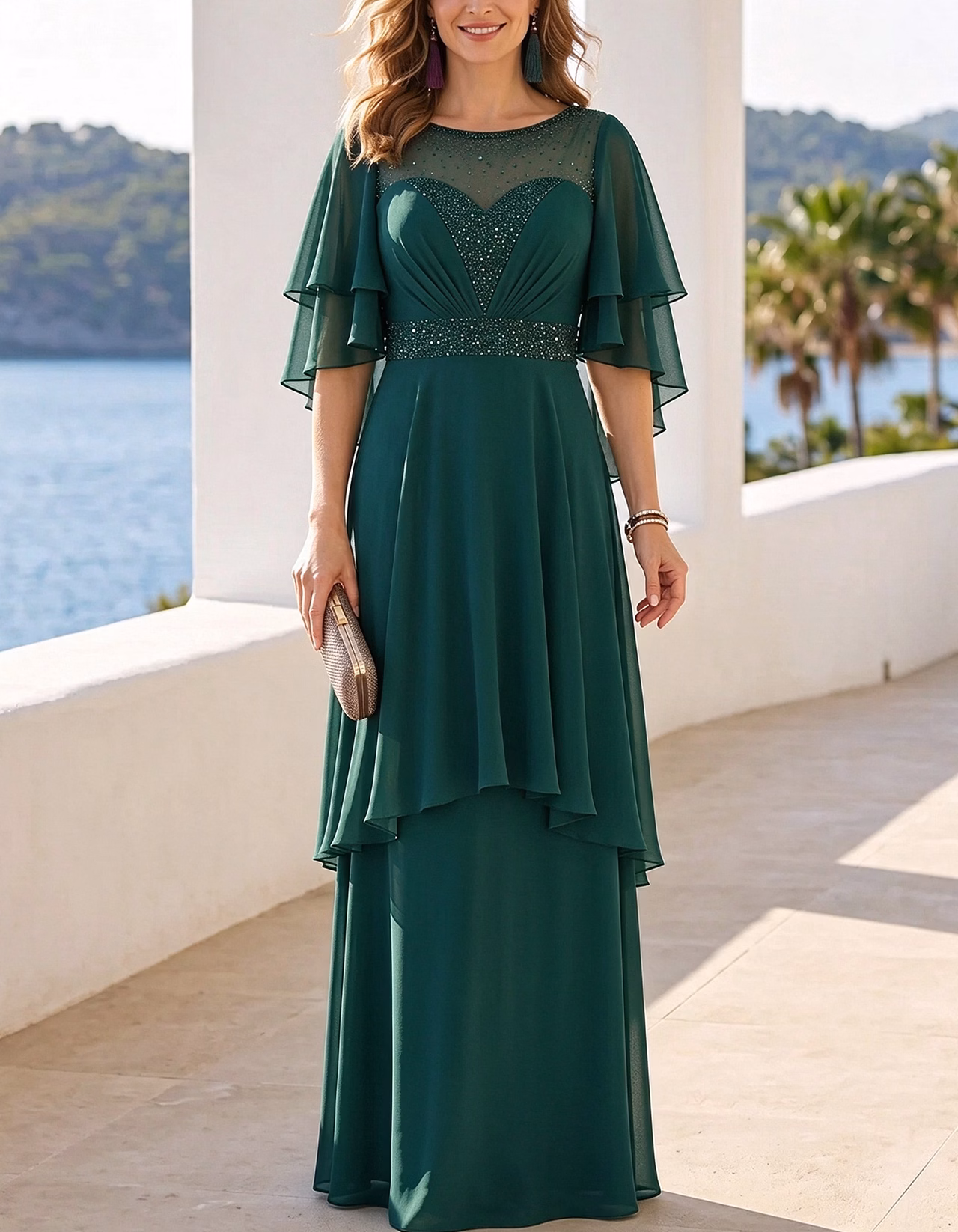 Chiffon Mesh Sequin Flutter Sleeve Waist Layered Hem Maxi Dress
