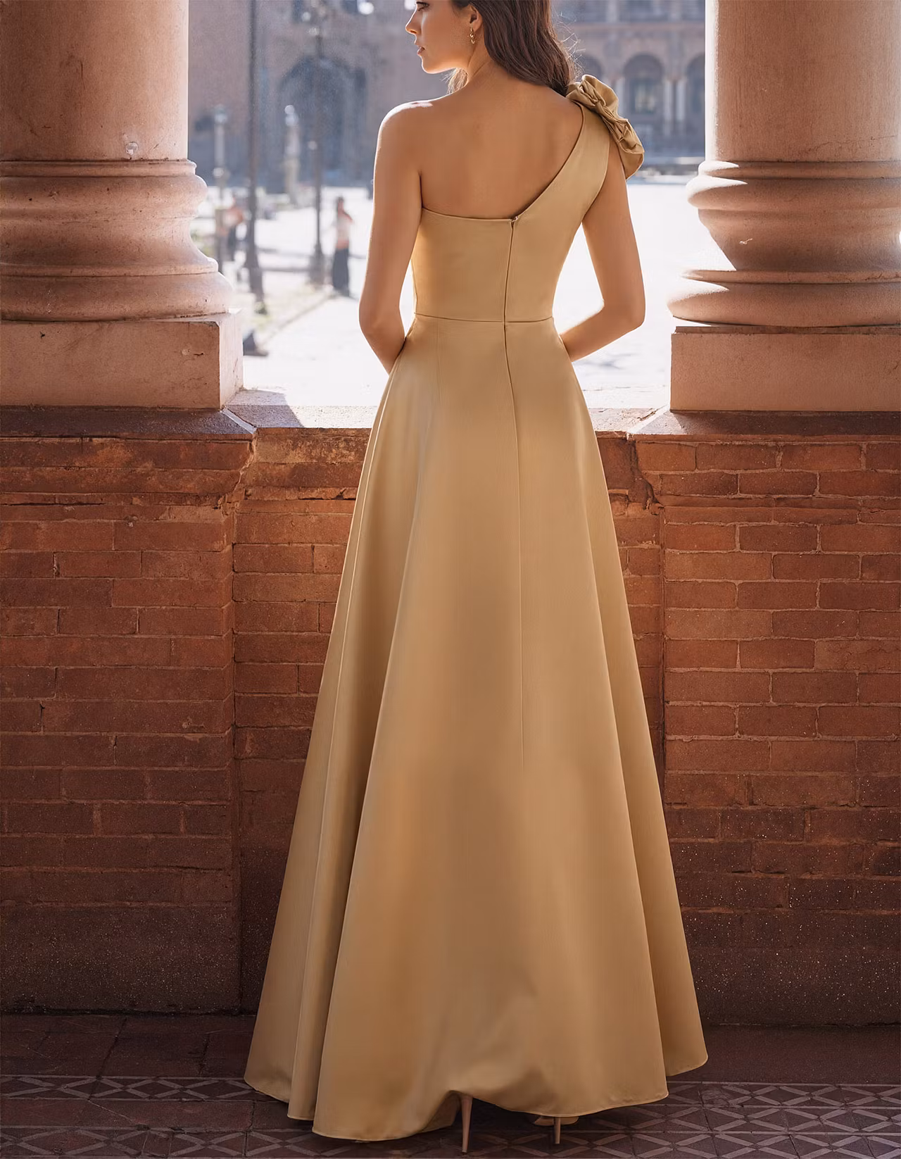 Solid Color Satin One Shoulder Design With 3D Floral Maxi Dress
