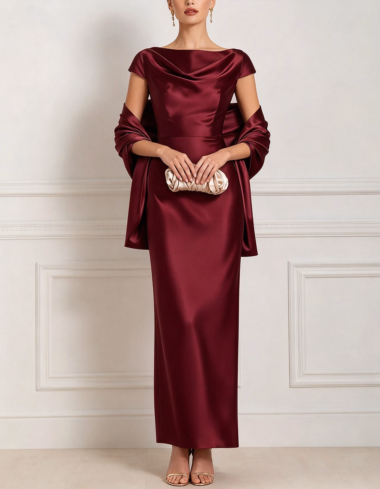 Champagne Cowl Draped Cap Sleeve Satin Maxi Dress