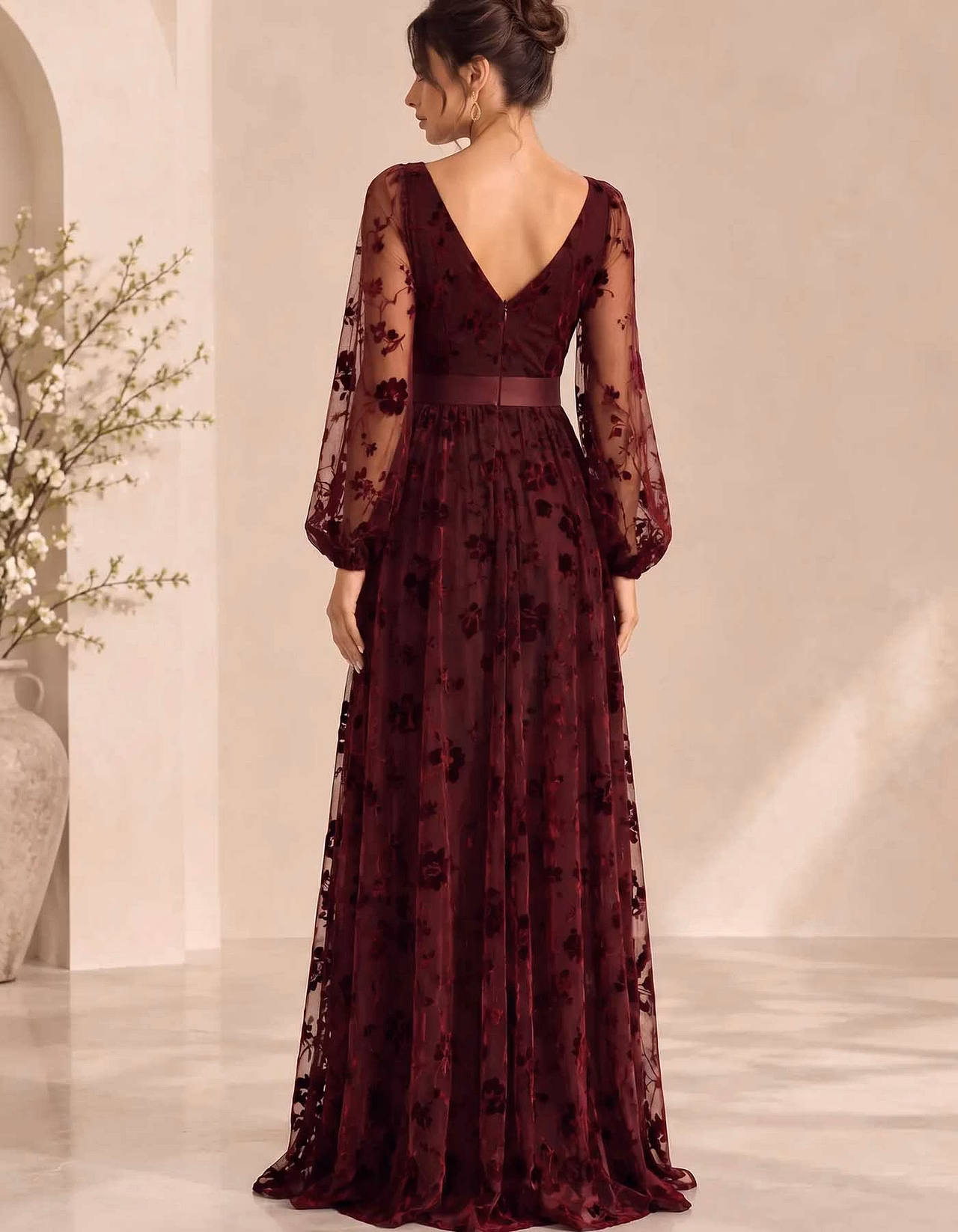 Burgundy Floral Tulle V-Neck Puff Sleeve Slit Maxi Dress