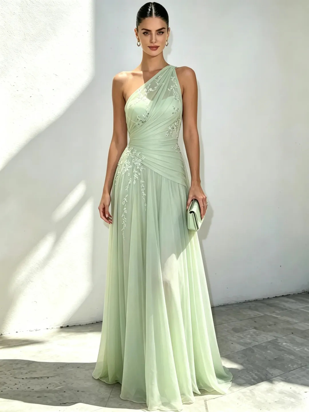 Lightgreen Applique 3D Floral Chiffon One Shoulder Sleeveless A-Line Floor Length Dress