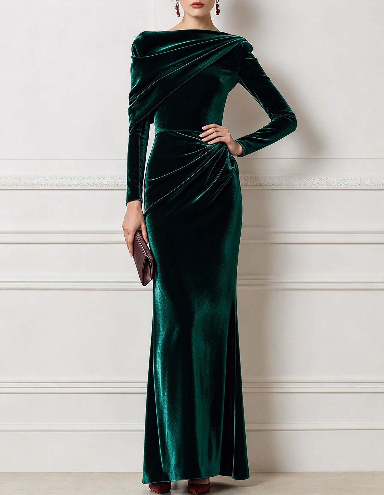 Burgundy Draped Asymmetric Velvet Maxi Dress