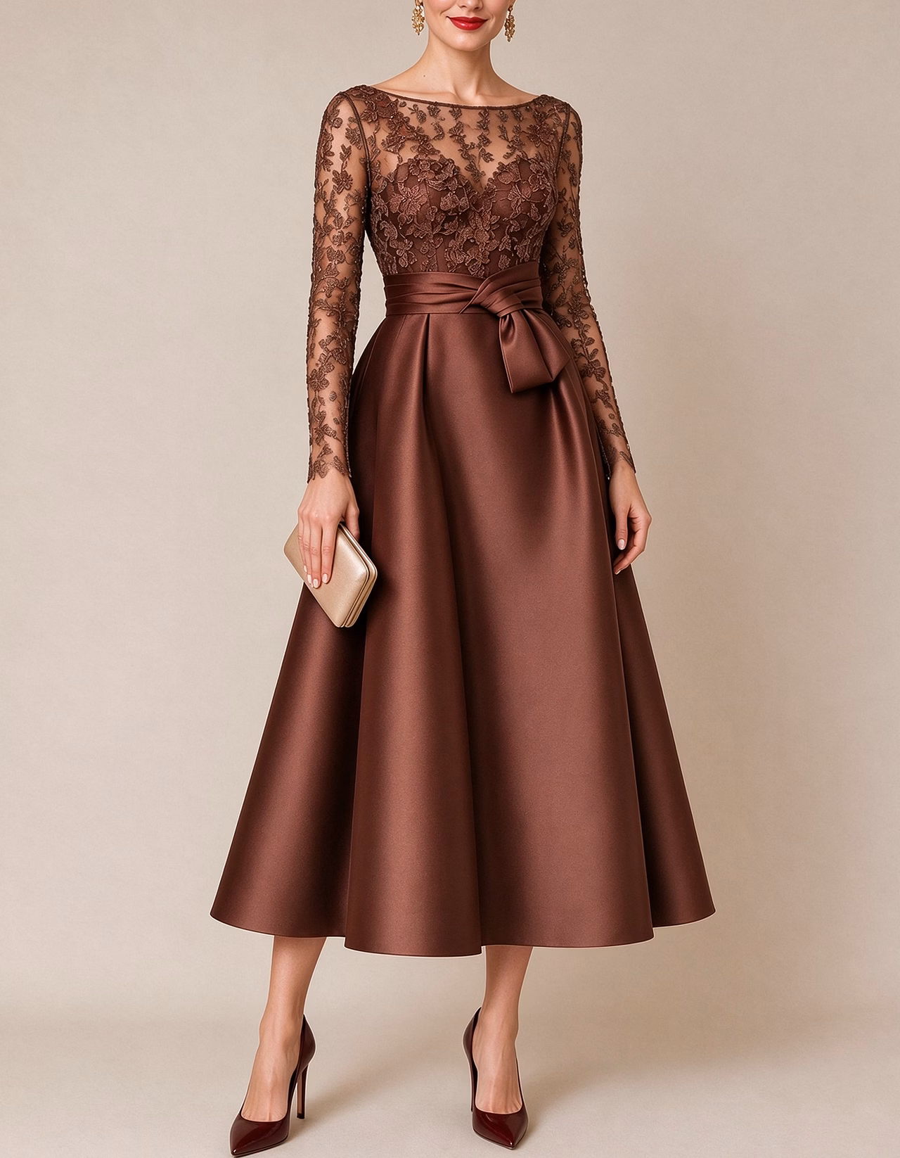 Floral Lace Illusion Boat Neck Satin Midi Dress