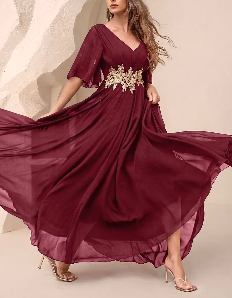 V-Neck Floral Lace Embroidered Chiffon A-Line Maxi Dress