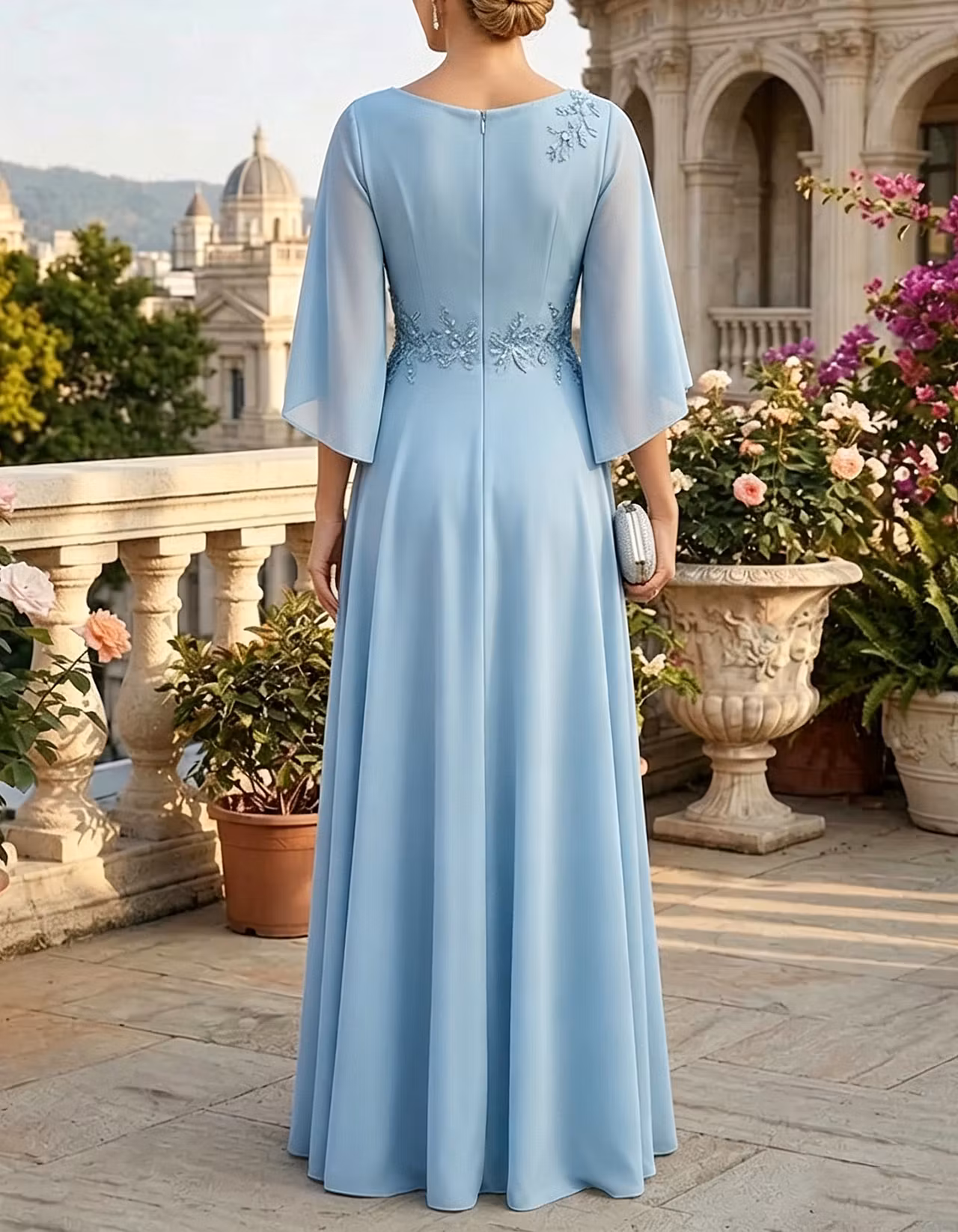 Light Blue Round Neck Chiffon A-Line Maxi Dress