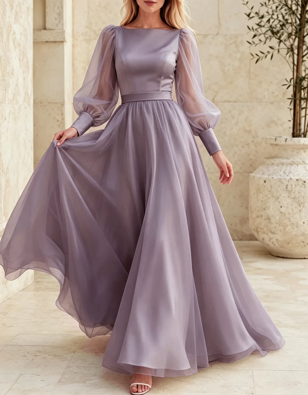 Boat Neck Satin Chiffon Sheer Puff Long Sleeve Evening A‑Line Maxi Dress