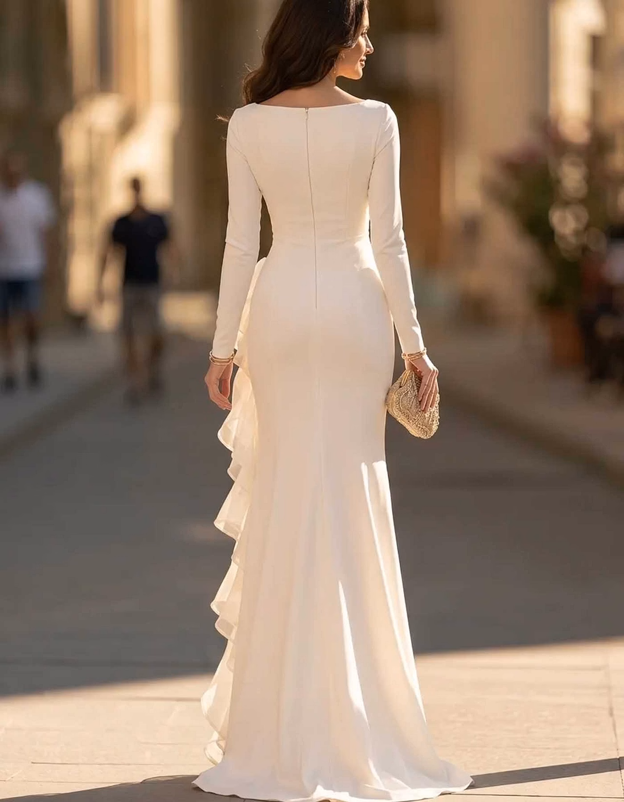 Boat Neck Ruched Chiffon Ruffle High Slit Maxi Dress