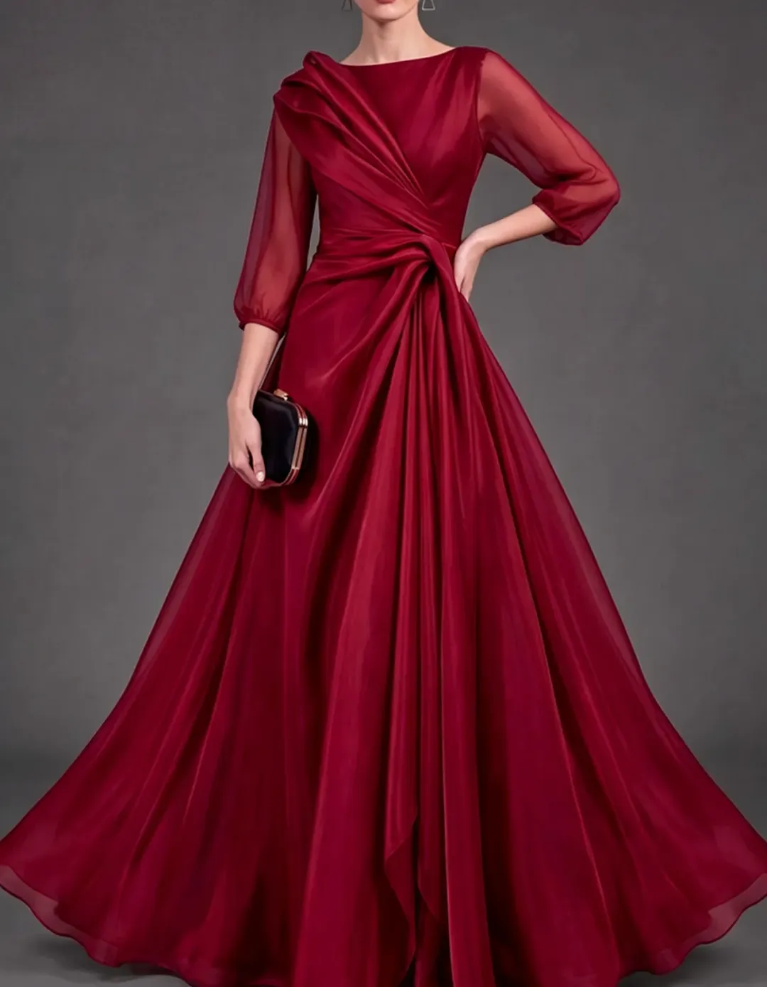Draped Ruffle 3/4 Sheer Sleeve A-Line Organza Maxi Dress
